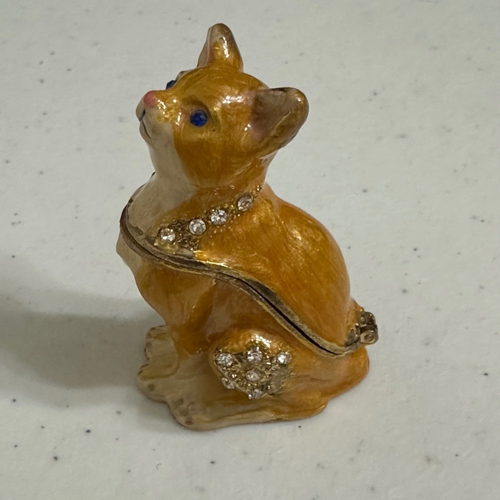 Enamel Rhinestone Cat‎ Trinket Box Magnetic Hinged Miniature Figurine Tabby 2" - Picture 3 of 8